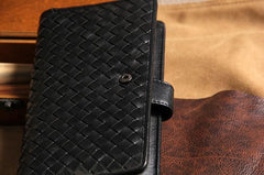 Black Braided Leather Mens Long Wallet Bifold Long Wallet for Men