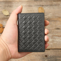 Black Braided Leather Mens Small Wallets Bifold Slim Front Pocket Wallet Card Holder for Men