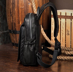 Black Business Mens Leather 14-inch Computer Backpacks Cool Travel Black Backpacks School Backpack for men