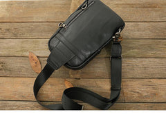 Black Casual Leather Mens 8 inches Sling Bag Chest Bag Black One Shoulder Backpack Phone Bag for Men