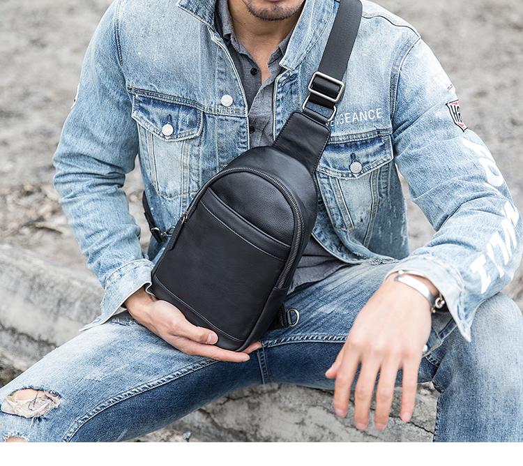 Black Casual Leather Mens Sling Bag Chest Bags Black One Shoulder Back