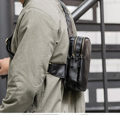 Casual Black Leather Mens Sling Bag Chest Bag Black Sling Shoulder Bag One Shoulder Backpack for Men