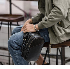 Casual Black Leather Mens Sling Bag Chest Bag Black Sling Shoulder Bag One Shoulder Backpack for Men