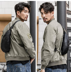 Black Cool Leather Mens Sling Bag Chest Bag Black Sling Pack One Shoulder Backpack for Men