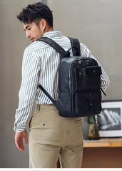 Casual Black Mens Leather School Backpacks Travel Backpacks 14-inch Laptop Backpack for men