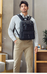 Casual Black Mens Leather School Backpacks Travel Backpacks 14-inch Laptop Backpack for men