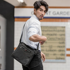 Black Cool Leather Mens 10 inches Side Bag Messenger Bags Black Postman Bags Courier Bag for Men