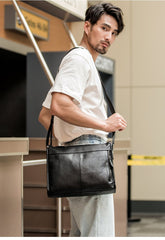 Fashion Black Leather Mens 12 inches Side Bag Messenger Bags Black Postman Bag Courier Bag for Men