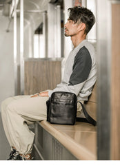 Black Cool Leather Mens Vertical Mini Courier Bag Postman Bag Black Messenger Bags Side Bag for Men