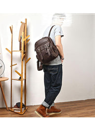 Coffee Cool Leather Mens School Backpack College Backpack 14'' Computer Backpack For Men