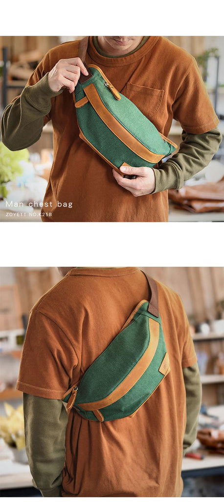 Cool Canvas Leather Mens Chest Bag Green Waist Bag Fanny Pack Hip Bag Bum Pack For Men