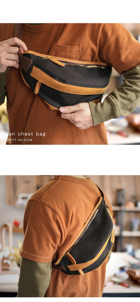 Cool Canvas Leather Mens Chest Bag Green Waist Bag Fanny Pack Hip Bag Bum Pack For Men