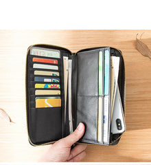 Black Cool Leather Mens Long Wallets Bifold Zipper Gray Long Wallet Card Wallet for Men