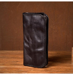 Black Cool Mens Leather long Wallet Brown Leather Zipper Wallet Long Wallets Clutch for Men