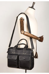 Black Leather Mens 13 inches Vertical Briefcase Laptop Shoulder Bag Coffee Business Work Bag for Men