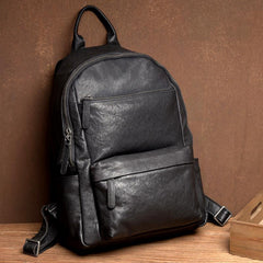 Fashion Black Mens Leather 13-inch Computer Backpack Black Travel Backpack School Backpack for men