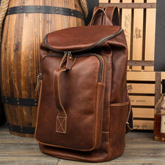 Black Fashion Mens Leather 15-inch Computer Barrel Backpack Brown Travel Bucket Backpacks School Backpacks for men