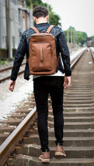Black Fashion Mens Leather 15-inch Computer Barrel Backpack Brown Travel Bucket Backpacks School Backpacks for men