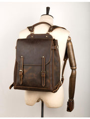 Black Fashion Mens Leather 15-inch Computer Backpack Brown Satchel Backpack School Backpacks for men