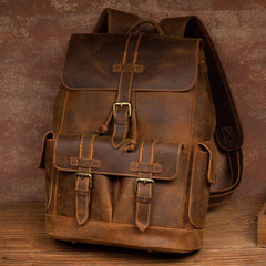 Vintage Brown Fashion Mens Leather 15-inch Computer Backpacks Brown Travel Backpacks School Backpacks for men