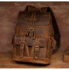 Vintage Brown Fashion Mens Leather 15-inch Computer Backpacks Brown Travel Backpacks School Backpacks for men