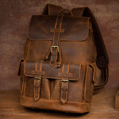 Vintage Brown Fashion Mens Leather 15-inch Computer Backpacks Brown Travel Backpacks School Backpacks for men