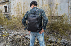 Black Fashion Mens Leather 15-inch Large Business Computer Backpacks Travel Backpacks Black College Backpack for men