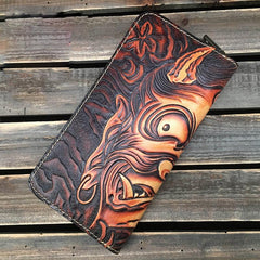 Black Handmade Buddha Leather Long Wallet Zipper Wallet Clutch Wallet For Men