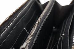 Black Handmade Leather Mens Long Wallet Bifold Zipper Clutch Wallet CellPhone Wallet For Men