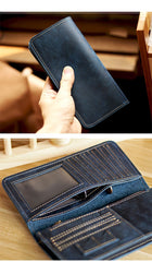 Black Handmade Tan Leather Mens Long Wallet Bifold Green Long Wallet For Men