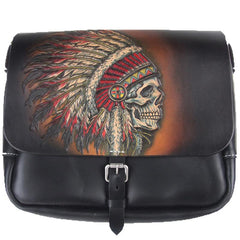 Handmade Black Tooled Indian Chief Skull Leather Courier Bag Messenger Bag For Men