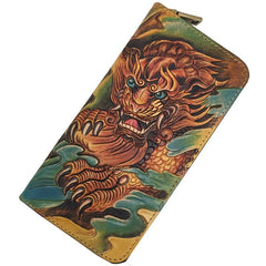 Black Handmade Tooled Tang Lion Leather Long Wallet Zipper Wallet Clutch Wallet For Men