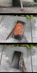 Black Handmade Tooled Ganasha Leather Long Biker Wallet Chain Wallet Clutch Wallet For Men