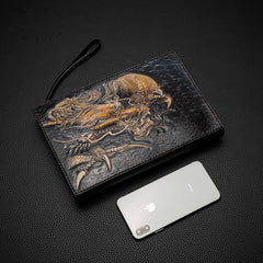 Black Handmade Tooled Leather Chinese Dragon Clutch Wallet Wristlet Bag Clutch Purse For Men