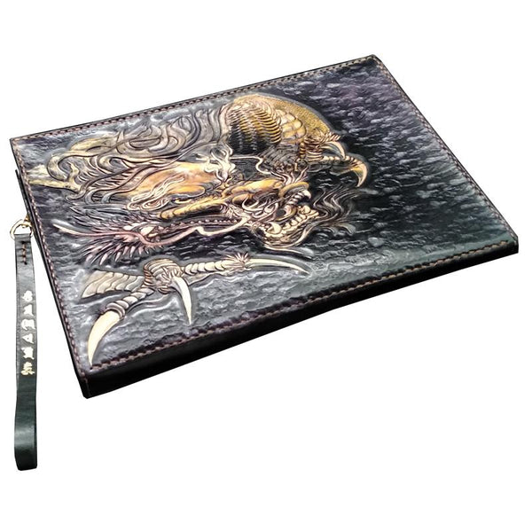 Black Handmade Tooled Leather Chinese Dragon Clutch Wallet Wristlet Bag Clutch P TPJP03881019