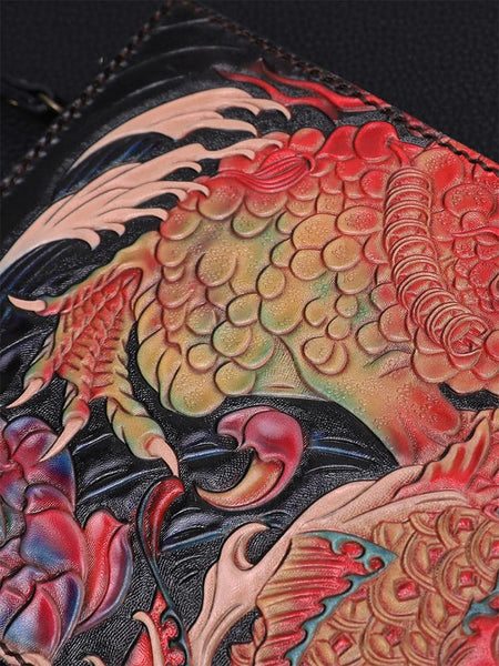 Black Handmade Tooled Leather Carp Toad Clutch Wallet Wristlet Bag Clutch Purse TPJP03881027