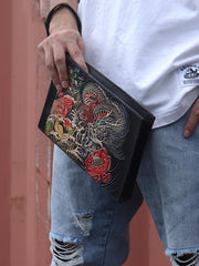 Black Handmade Tooled Leather Carp Chinese Dragon Clutch Wallet Wristlet Bag Clutch Purse For Men