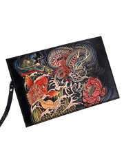 Black Handmade Tooled Leather Carp Chinese Dragon Clutch Wallet Wristlet Bag Clutch Purse For Men