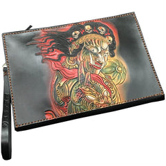 Black Handmade Tooled Leather Mahākāla Clutch Wallet Wristlet Bag Clutch Purse For Men