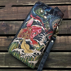 Black Handmade Chinese Dragon Tooled Leather Long Biker Wallet Chain Wallet Clutch Wallet For Men