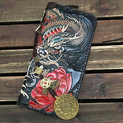 Black Handmade Tooled Chinese Dragon Leather Long Biker Wallet Chain Wallet Clutch Wallet For Men