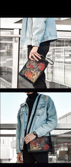 Handmade Black Tooled Dragon Carp Leather Clutch Wristlet Bag Messenger Bag Side Bag For Men