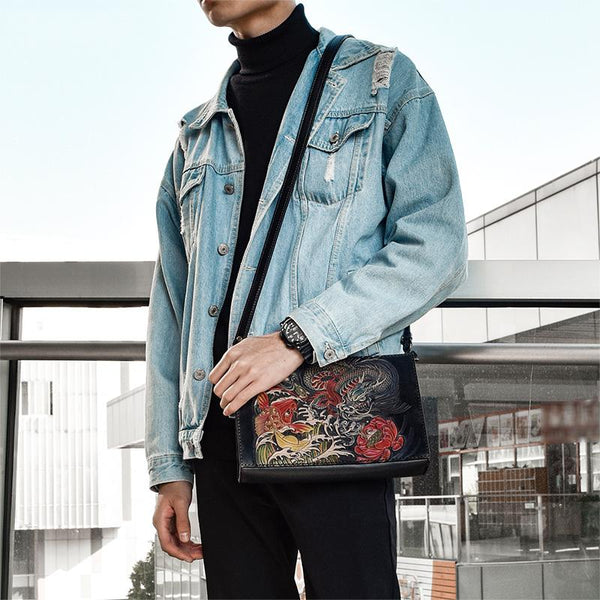 Handmade Black Tooled Dragon Carp Leather Messenger - Back View
