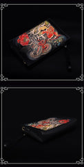 Handmade Black Tooled Dragon Carp Leather Clutch Wristlet Bag Messenger Bag Side Bag For Men