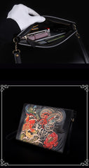 Handmade Black Tooled Dragon Carp Leather Clutch Wristlet Bag Messenger Bag Side Bag For Men