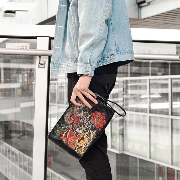 Handmade Black Tooled Dragon Carp Leather Clutch - Back View