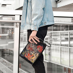 Handmade Black Tooled Dragon Carp Leather Clutch Wristlet Bag Messenger Bag Side Bag For Men