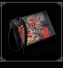 Handmade Black Tooled Dragon Carp Leather Clutch Wristlet Bag Messenger Bag Side Bag For Men