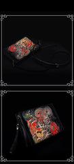 Handmade Black Tooled Dragon Carp Leather Clutch Wristlet Bag Messenger Bag Side Bag For Men