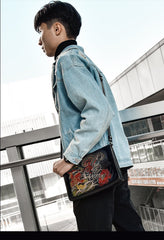 Handmade Black Tooled Dragon Carp Leather Clutch Wristlet Bag Messenger Bag Side Bag For Men